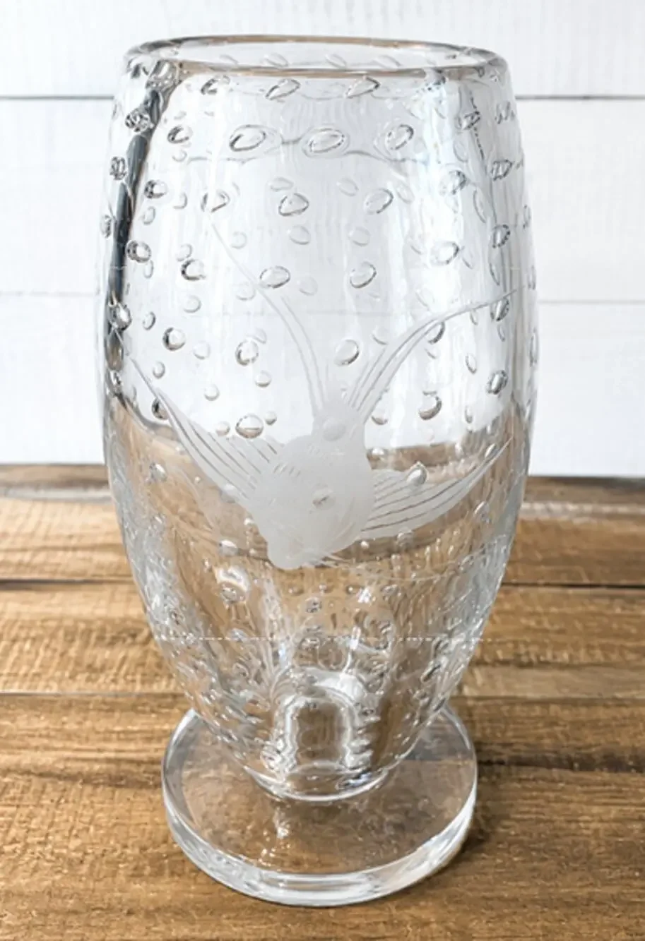 Vintage Johansfors Sweden Crystal Vase Etched Fish Controlled Bubble 8